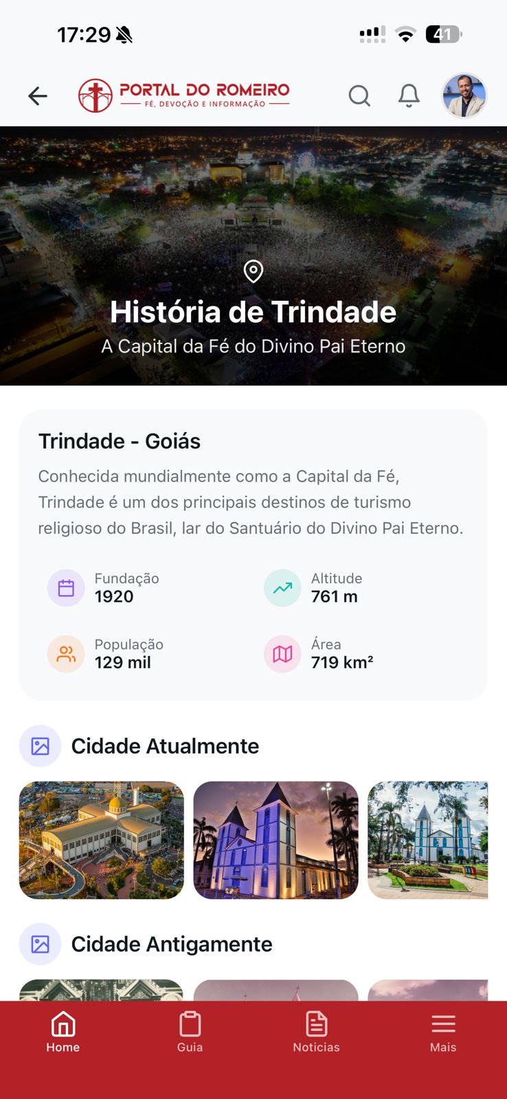 Tela da história de Trindade no aplicativo