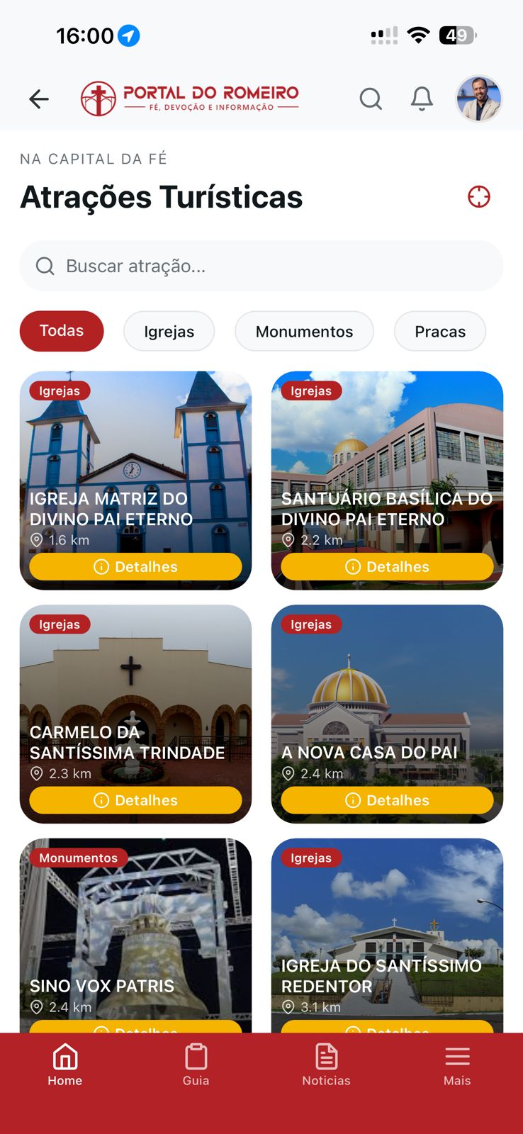 Tela de atrações turísticas do aplicativo