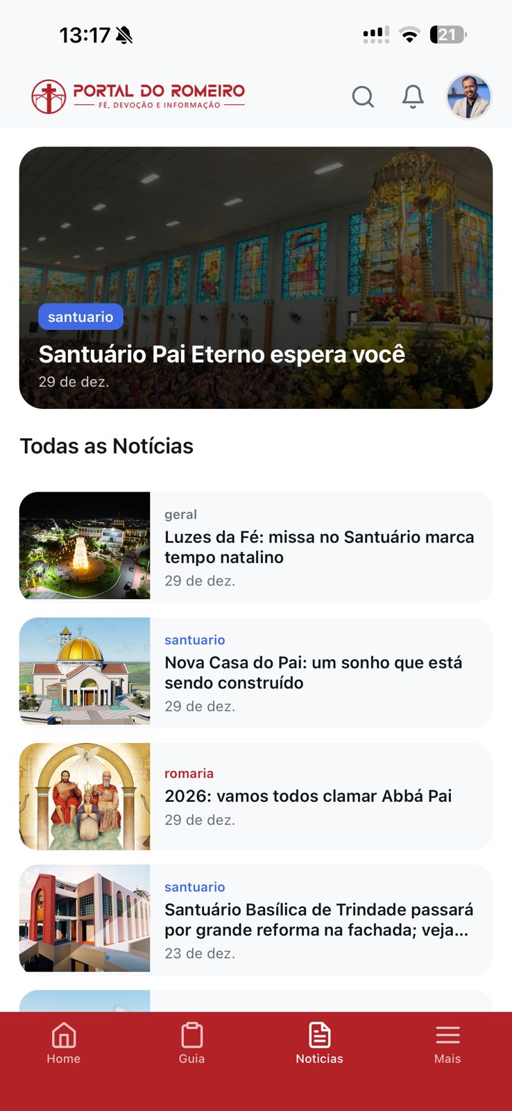 Tela de notícias do aplicativo