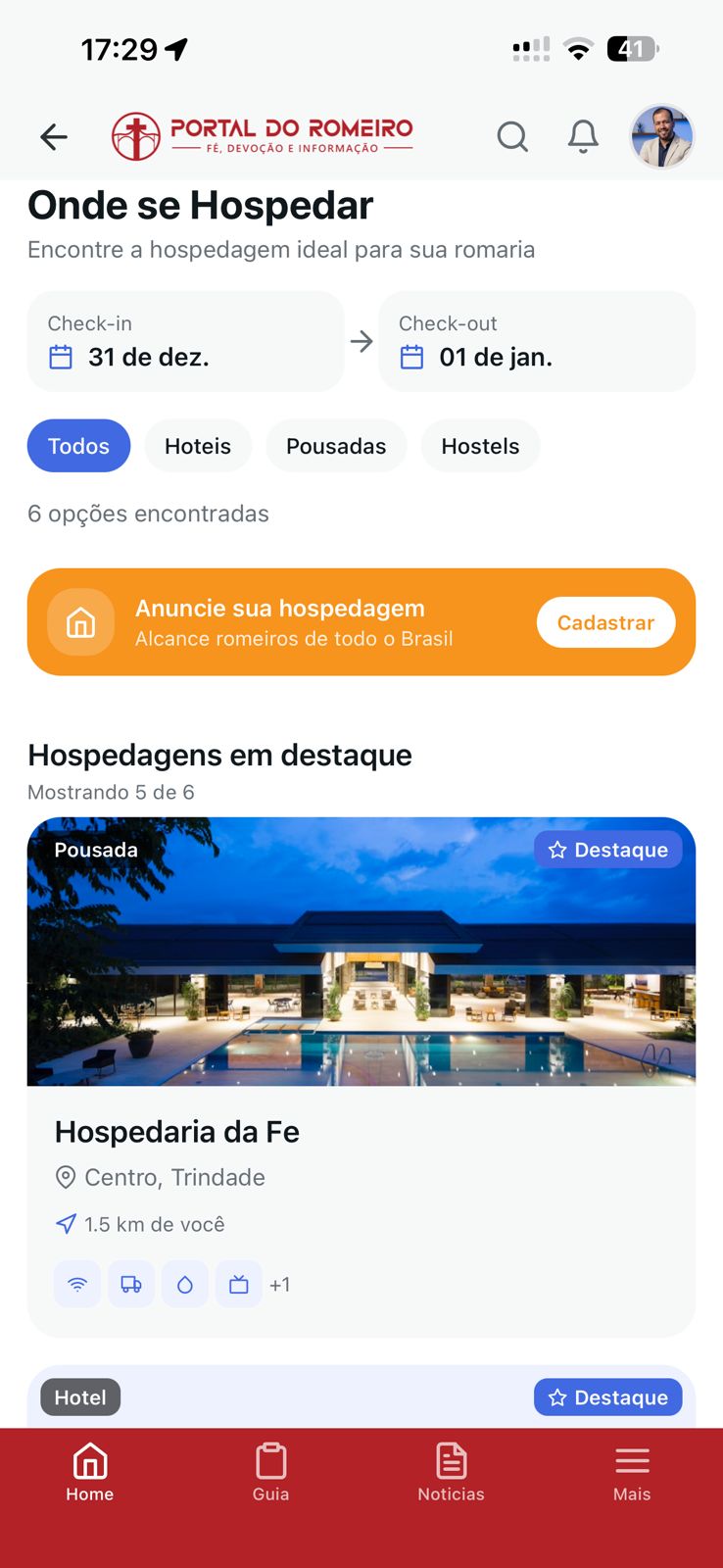 Tela de hospedagens do aplicativo