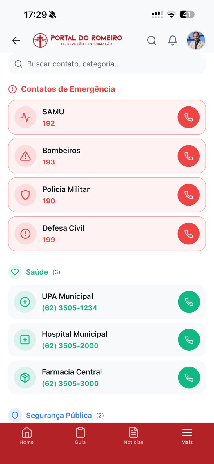 Tela de telefones úteis do aplicativo