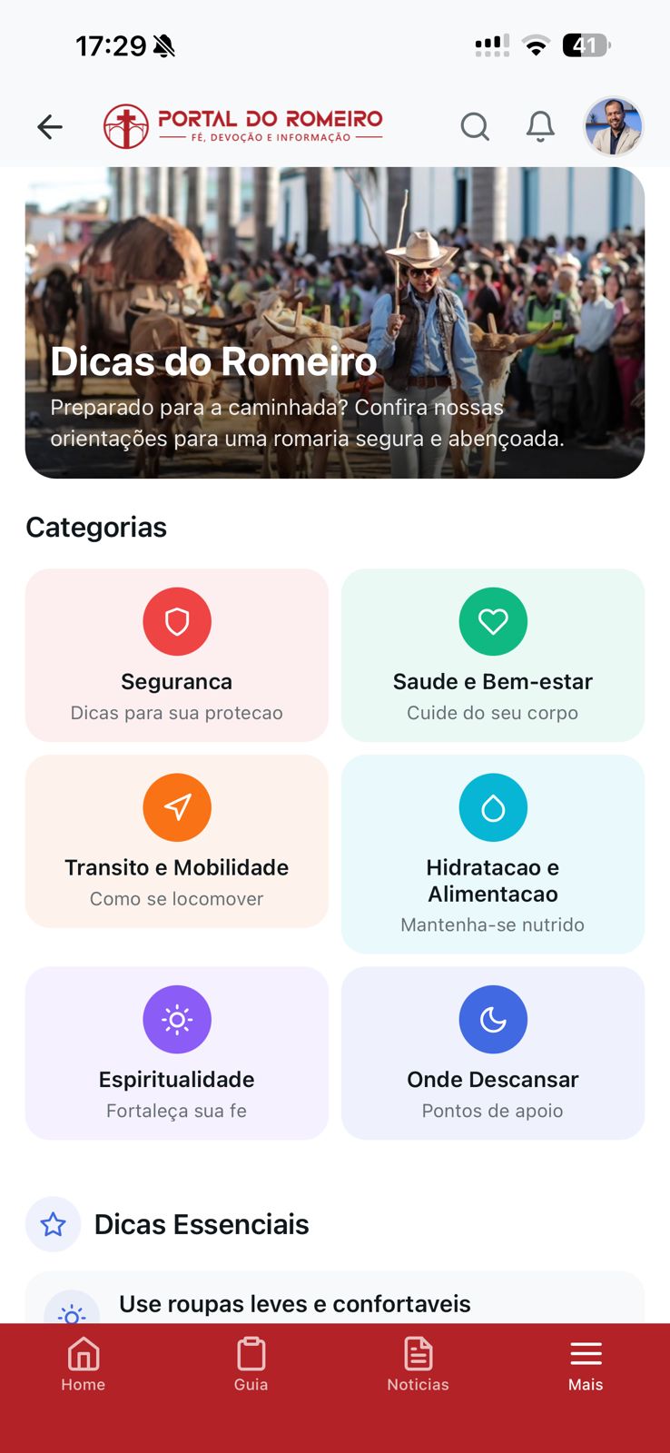 Tela de dicas do romeiro do aplicativo